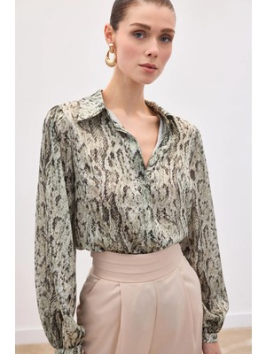 Sateen Desenli Gömlek - Haki