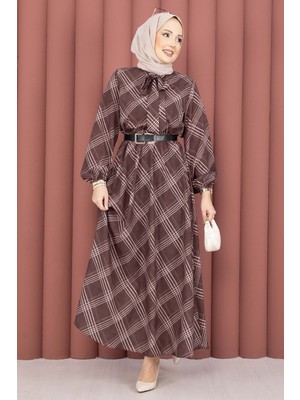 Md Ekose Desen Beli Büzgülü Tesettür Elbise Kahve