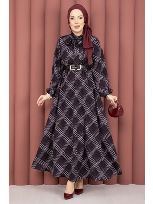 Md Ekose Desen Beli Büzgülü Tesettür Elbise Siyah