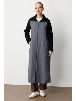 Micca Yüsek Yün Içerikli Desenli Dokuma Bedeni Triko Kol ve Yakalı  Astarlı Zamansız Kaban Manto-Siyah