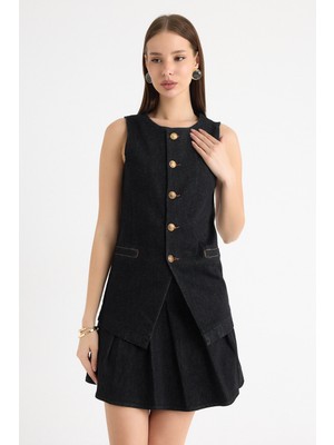 Moviment Siyah Yıkamalı Pile Detaylı Mini Etek ve Kolsuz  Düğme Detaylı Blazer Yelek/ceket Ikilitakım