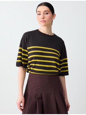 Jimmy Key Acı Kahve Bisiklet Yaka Dirsek Kol Çizgi Desenli Triko Bluz
