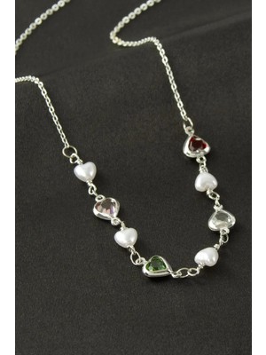 Renklime Kalp Inci Kristal Taşlı Kolye