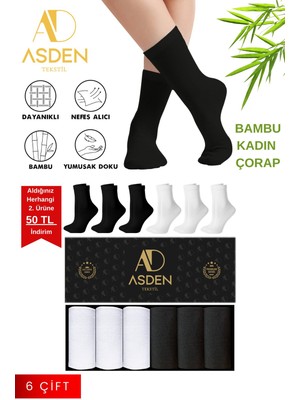 Asden Bambu Kadın Soket Çorap Beyaz Premium 6\'lı Kutu, Burun Dikişsiz, Soft Yıkamalı