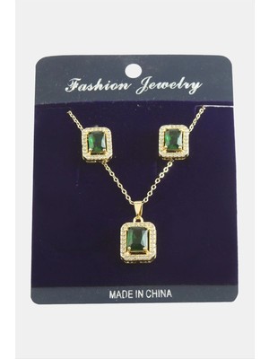 Renklime Dikdörtgen Zirkon Taşlı Set Kolye