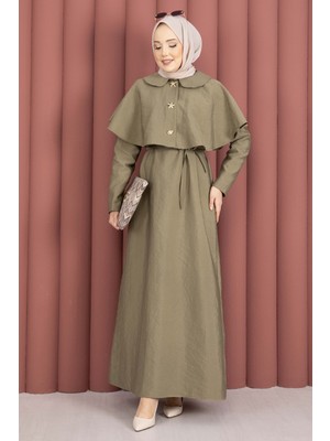 Md Minimal Pelerin  Detaylı Bağcıklı Elbise Haki