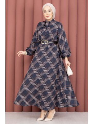 Md Ekose Desen Beli Büzgülü Tesettür Elbise Lacivert