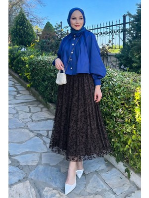 Comstar Kadın Premium Comfort Desenli Kahve Uzun Tül Tesettür Etek