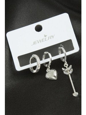 Renklime 3 Adet Kalp Zirkon Taşlı Küpe