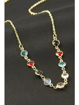 Renklime Yuvarlak Kristal Taşlı Kolye