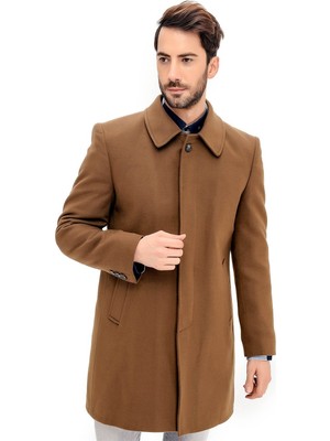 Dewberry Erkek Palto Camel Renk Uzun Kol Yün Polyester Malzemeden Midi Beden