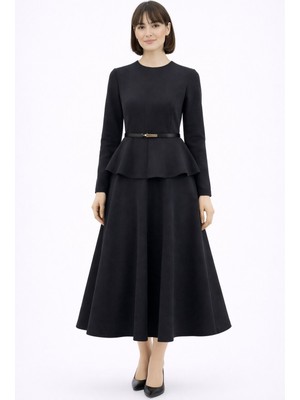 Zg Fashion Kadın Siyah Kloş Etek Belden Oturtmalı Kemerli Yuvarlakyaka Bluz