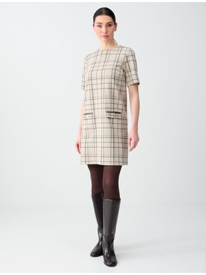 Jimmy Key Bej Melanj Rahat Kesim Yuvarlak Yaka Ekoseli Örme Mini Elbise