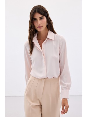 Sateen Klasik Düz Gömlek - Pudra