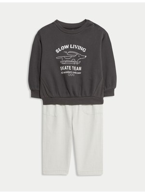Marks & Spencer Pamuk Karışımlı Kaykaylı Köpek Baskılı Sweatshirt ve Pantolon Takımı (0–6 Yaş)