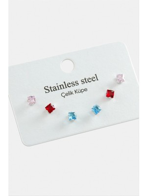 Renklime 6 Adet Kare Zirkon Tek Taşlı Çelik Küpe