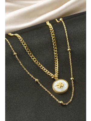 Renklime Yonca Sedef Çelik Ikili Kolye