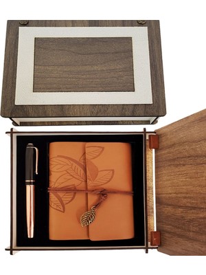 Skygo Özel Ahşap Kutulu Taba Deri Defter ve Bakır Roller Kalem Set