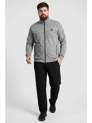 TOMMY LIFE Gri Melanj - Siyah Dik Yaka Battal Büyük Beden Erkek Eşofman Takım - 85176