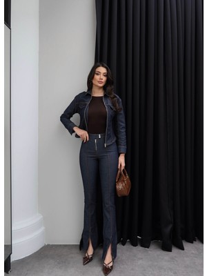Esra Helvacı Denim Fermuarlı Ceket Pantolon Takım