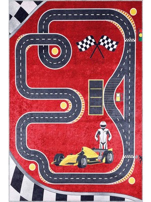 Toroo Yarış Pisti Desenli Kırmızı Polyester ve Pamuklu Kaydırmaz Tabanlı Yıkanabilir Dijital