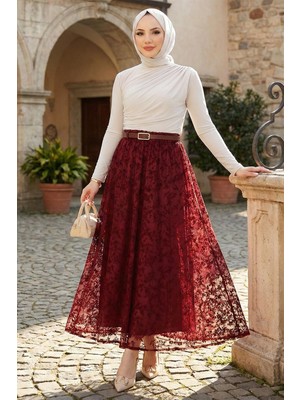 Astarlı Kemerli Çiçek Desenli Tül Etek Bordo HM2877