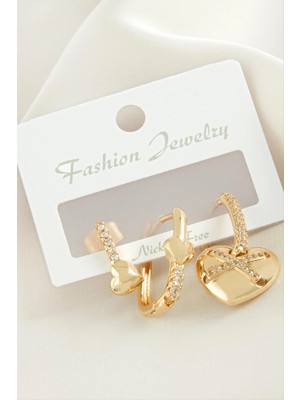 Renklime 3 Adet Kalp Zirkon Taşlı Küpe