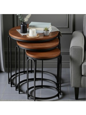 3' Lü Koyu Ceviz Ahşap Siyah (Statik) Ayak Lenka Metal Sehpa Takımı Sedaş-Zigon-Sehpa