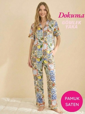 Seamlife Kadın Maskülen Önden Düğmeli Gömlek Yaka Dokuma Pamuk Saten Göğüs Cepli Kısa Kol Pijama Takımı