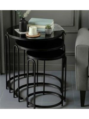 3' Lü Siyah Aynalı Temperli Cam Siyah (Statik) Ayak Lenka Metal Sehpa Takımı Sedaş-Zigon-Sehpa