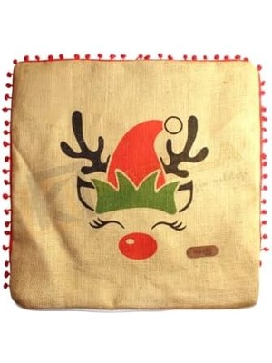 Skygo Püsküllü Jüt Kırlent Kılıfı 50 * 50 Renkli Geyik Desen