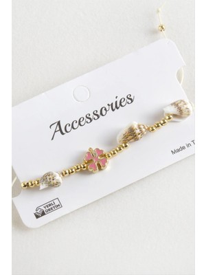 Renklime Yonca Deniz Kabuğu Inci Makrome Ip Bileklik