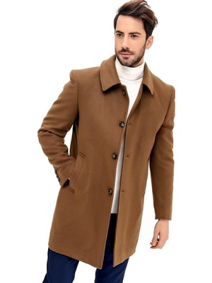 Dewberry Erkek Palto Uzun Kol Camel Renk Yün Polyester Malzemeden Düz Desenli