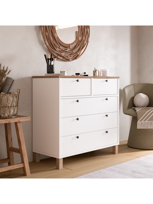 Yurudesign Nord Şifonyer 5 Çekmece Ahşap Ayaklı Sepet-Beyaz Nd3-Sw