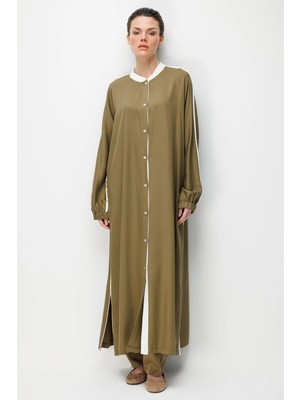 Micca %100 Doğal LyoCELL Dökümlü Soft Hissiyat  Spor Bant Detaylı Maxi Tunik Ferace-Haki