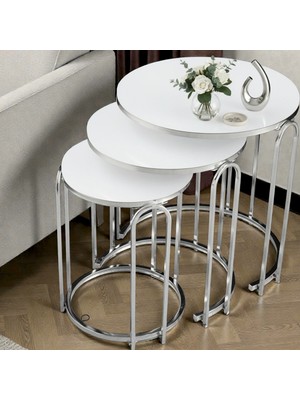 3' Lü Beyaz Kırılmaz (Temperli) Cam Nikel (Gümüş) Ayak Lenka Metal Sehpa