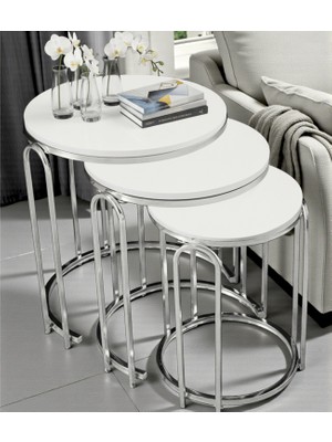 3' Lü Beyaz Ahşap Nikel (Gümüş) Ayak Lenka Metal Sehpa