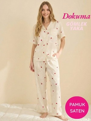 Seamlife Kadın Ekru Maskülen Çiçek Desenli Önden Düğmeli Gömlek Yaka Dokuma Pamuk Saten Göğüs Cepli Kısa Kol Pijama Takımı