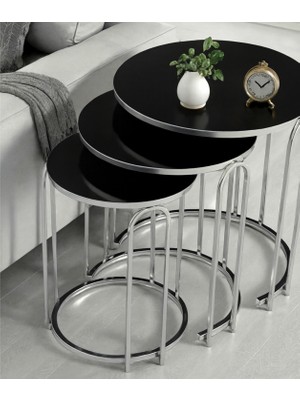 3' Lü Siyah Aynalı (Kırılmaz) Cam Nikel (Gümüş) Ayak Lenka Metal Sehpa