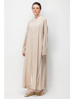 Micca %100 Doğal LyoCELL Dökümlü Soft Hissiyat  Spor Bant Detaylı Maxi Tunik Ferace-Taş