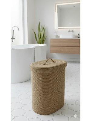 Nays Home Jüt Hasır Kapaklı Oval Çamaşır Sepeti, 45X45 Kirli Sepeti, Oyuncak Sepeti