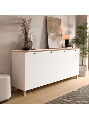 Yurudesign Nord Konsol 4 Kapaklı Ahşap Ayaklı 180CM Sepet-Beyaz Nd4-Sw