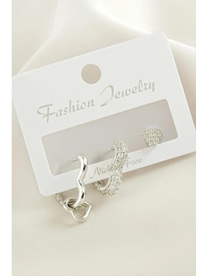 Renklime 3 Adet Kalp Zirkon Taşlı Küpe