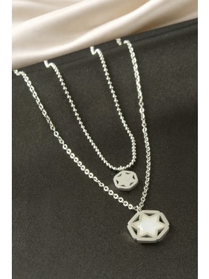 Renklime Yıldız Sedef Çelik Ikili Kolye