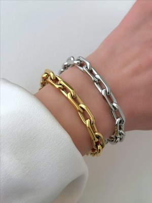 Qa Quella Accessories Çelik Düz Figaro  Gümüş & 14K Gold Zincir Bileklik 18+5 cm - Gümüş