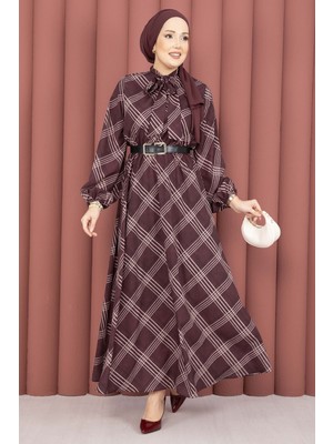 Md Ekose Desen Beli Büzgülü Tesettür Elbise Bordo