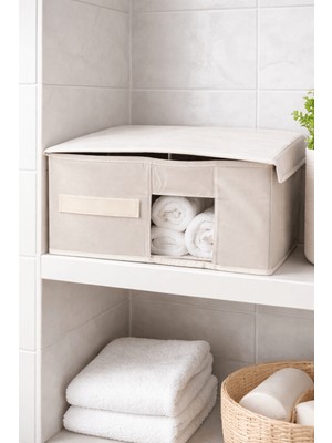 Luxway Home Pencereli Kapaklı Katlanabilir Çok Amaçlı Bez Saklama Kutusu Hurç Organizer Düzenleyici 37X32X15 cm