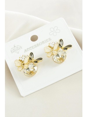 Renklime Kelebek Inci Taşlı Metal Küpe