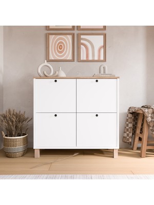 Yurudesign Nord Ayakkabılık Çok Amaçlı Dolap 4 Kapaklı Ahşap Ayaklı Sepet-Beyaz Nd1-Sw
