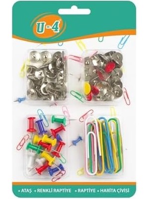 Skygo 4'lü Kırtasiye Seti, Ataş, Raptiye, Renkli Raptiye, Harita Çivisi, Ofis, Okul, Öğrenci Kullanımı Için, Düzenleyici Set